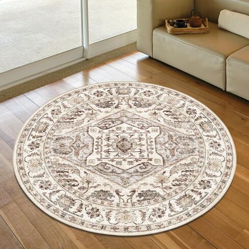 Round Rug 6ft Washable Rug Area Rug, Multi Circle Rug 6x6 Chenille Accent Rug, Kitchen Living Room Bedroom Dining Room 6 ft Round Area Rug for Living Room Large Round Rug(Cream Beige 6x6) in Saudi Arabia
