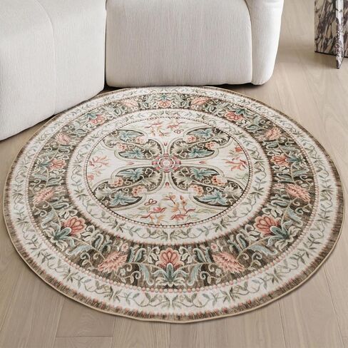 Round Rug 6ft Washable Rug Area Rug, Multi Circle Rug 6x6 Chenille Accent Rug, Kitchen Living Room Bedroom Dining Room 6 ft Round Area Rug for Living Room Large Round Rug(Cream Beige 6x6) in Saudi Arabia