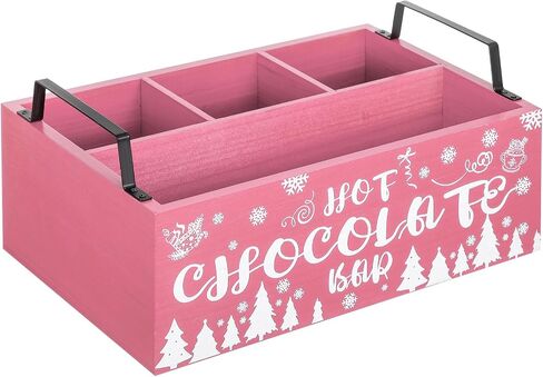 Sliner Christmas Hot Cocoa Bar Wood Storage Box with Handles Xmas Wood Serving Tray Winter Rustic Organizer Snowflake Container Bins for Home Kitchen Office Farmhouse Accessories (Pink) in Saudi Arabia