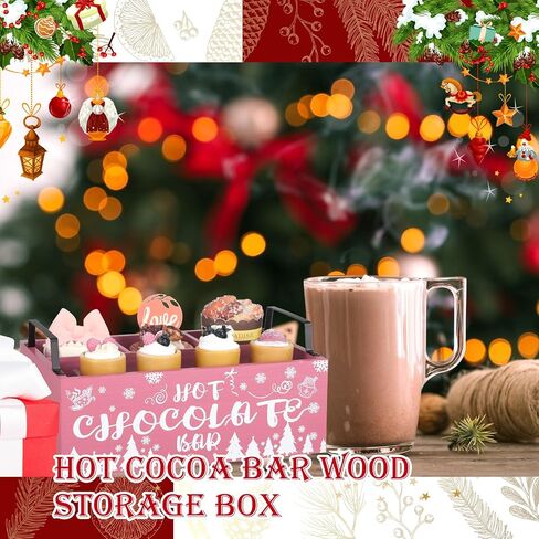 Sliner Christmas Hot Cocoa Bar Wood Storage Box with Handles Xmas Wood Serving Tray Winter Rustic Organizer Snowflake Container Bins for Home Kitchen Office Farmhouse Accessories (Pink) in Saudi Arabia