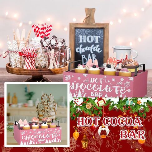 Sliner Christmas Hot Cocoa Bar Wood Storage Box with Handles Xmas Wood Serving Tray Winter Rustic Organizer Snowflake Container Bins for Home Kitchen Office Farmhouse Accessories (Pink) in Saudi Arabia
