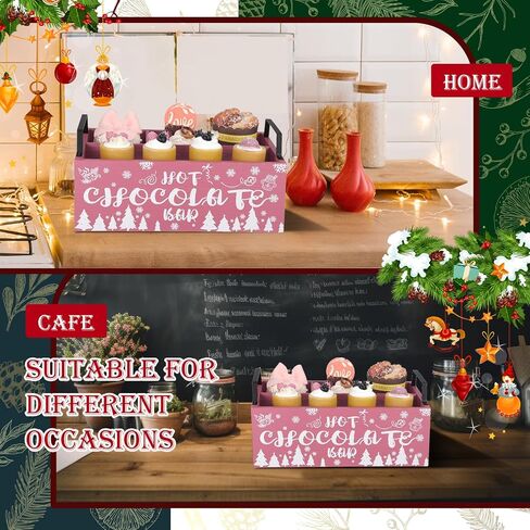 Sliner Christmas Hot Cocoa Bar Wood Storage Box with Handles Xmas Wood Serving Tray Winter Rustic Organizer Snowflake Container Bins for Home Kitchen Office Farmhouse Accessories (Pink) in Saudi Arabia