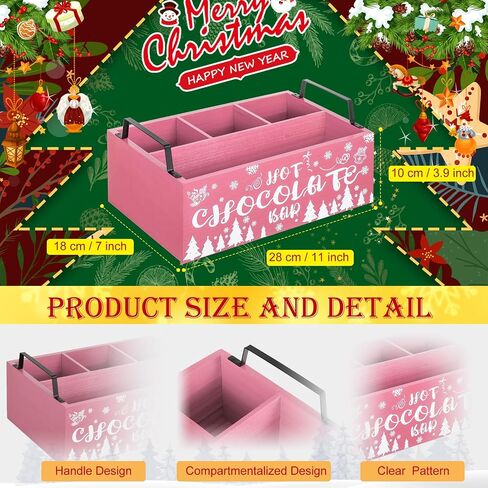 Sliner Christmas Hot Cocoa Bar Wood Storage Box with Handles Xmas Wood Serving Tray Winter Rustic Organizer Snowflake Container Bins for Home Kitchen Office Farmhouse Accessories (Pink) in Saudi Arabia