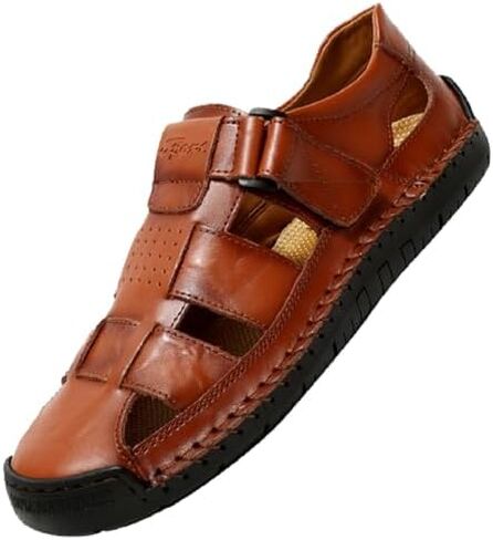 صنادل صياد مسطحة من الجلد الطبيعي للرجال مغلقة ومضادة للتصادمات ورأس قابل للتعديل وحلقة ربط ناعمة من الأسفل وخياطة يدوية صنادل شاطئ مريحة ومضادة للانزلاق in Kuwait