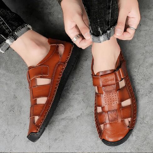 صنادل صياد مسطحة من الجلد الطبيعي للرجال مغلقة ومضادة للتصادمات ورأس قابل للتعديل وحلقة ربط ناعمة من الأسفل وخياطة يدوية صنادل شاطئ مريحة ومضادة للانزلاق in Kuwait