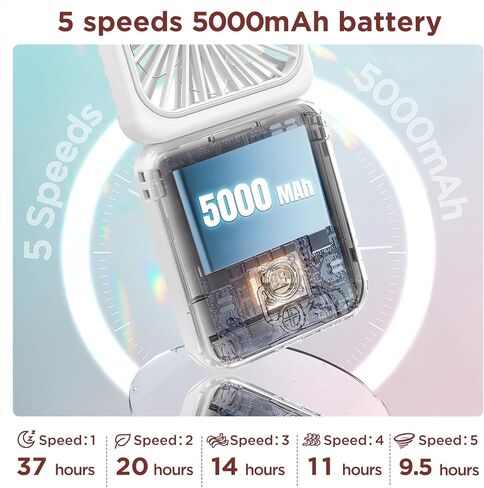 EasyAcc Rechargeable Portable Hands Free Fan, Mini Makeup Fan [32H Max Cooling Time] 5000mAh/5 Speed/Mirror/Phone Stand/Backup Power/Digital Display/Neck Lanyard Battery Hand Fan for Travel - Pink in Saudi Arabia