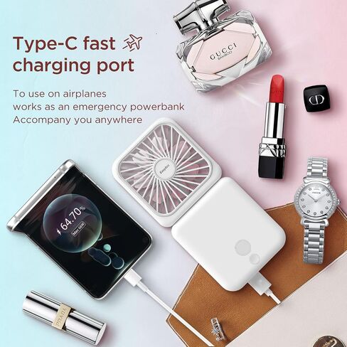 EasyAcc Rechargeable Portable Hands Free Fan, Mini Makeup Fan [32H Max Cooling Time] 5000mAh/5 Speed/Mirror/Phone Stand/Backup Power/Digital Display/Neck Lanyard Battery Hand Fan for Travel - Pink in Saudi Arabia