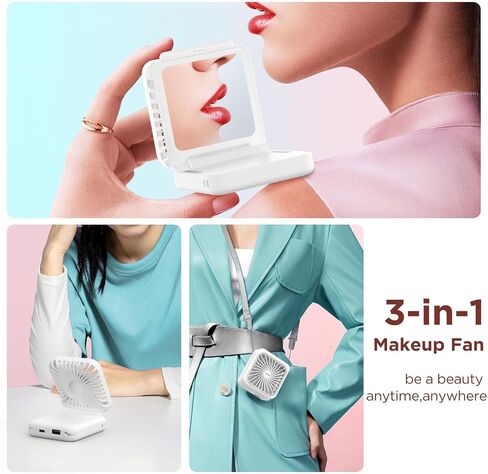 EasyAcc Rechargeable Portable Hands Free Fan, Mini Makeup Fan [32H Max Cooling Time] 5000mAh/5 Speed/Mirror/Phone Stand/Backup Power/Digital Display/Neck Lanyard Battery Hand Fan for Travel - Pink in Saudi Arabia