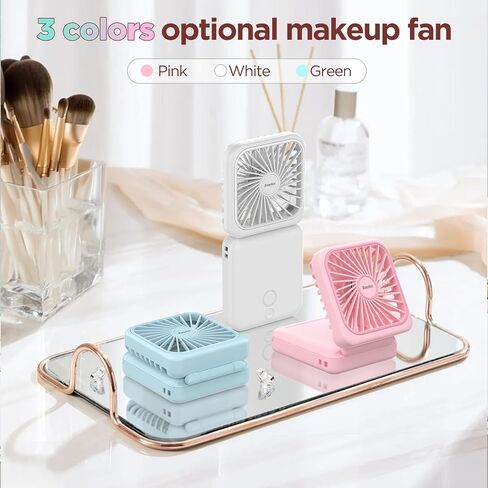 EasyAcc Rechargeable Portable Hands Free Fan, Mini Makeup Fan [32H Max Cooling Time] 5000mAh/5 Speed/Mirror/Phone Stand/Backup Power/Digital Display/Neck Lanyard Battery Hand Fan for Travel - Pink in Saudi Arabia