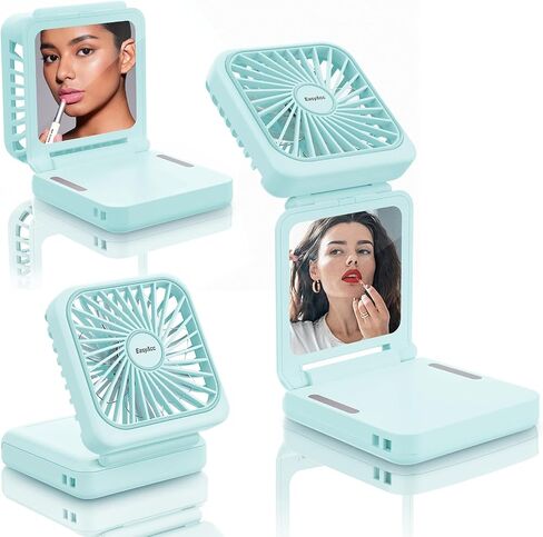 EasyAcc Rechargeable Portable Hands Free Fan, Mini Makeup Fan [32H Max Cooling Time] 5000mAh/5 Speed/Mirror/Phone Stand/Backup Power/Digital Display/Neck Lanyard Battery Hand Fan for Travel - Pink in Saudi Arabia