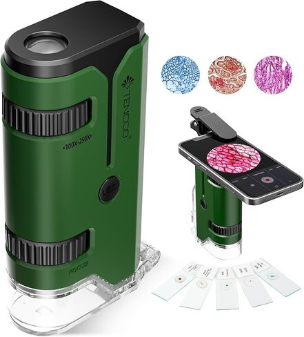 100x-250x Mini Pocket Microscope for Kids Adults, Protable Handheld Microscope with 5 Microscope Slides, Phone Adapter, Miniscope Portable Microscope Kit for Kids Adults Science Lab Education, Blue in Kuwait