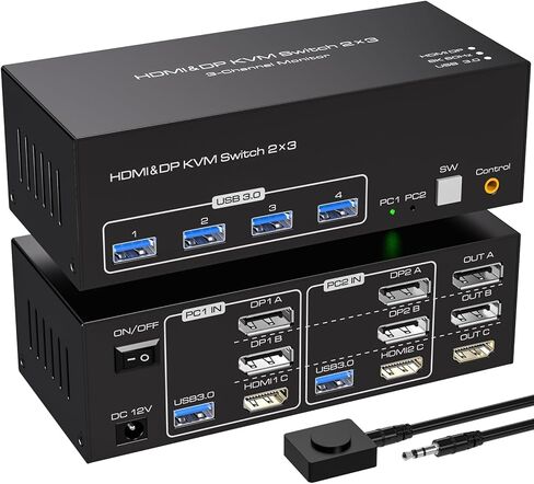 8K KVM Switch 3 Monitors 2 Computers Displayport 4K@144Hz USB 3.0 KVM Switches DP 1.4 Monitor Switch for 2 Computers with 4 USB Ports Support Extended & Copy Mode, Wired Controller Included in Saudi Arabia