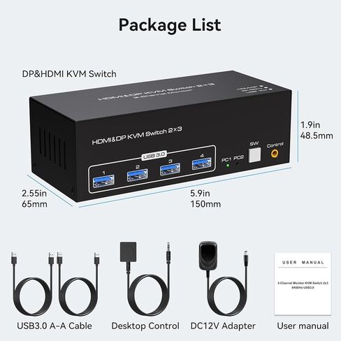 8K KVM Switch 3 Monitors 2 Computers Displayport 4K@144Hz USB 3.0 KVM Switches DP 1.4 Monitor Switch for 2 Computers with 4 USB Ports Support Extended & Copy Mode, Wired Controller Included in Saudi Arabia