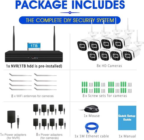 4CH Wireless Security Camera System, 2MP CCTV NVR System with 1TB HDD, 4X Bullet Outdoor WiFi IP Cameras, Audio Recording, Night Vision, Human Detection APP Email Alert in Saudi Arabia