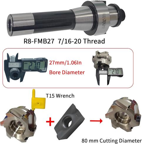 R8 FMB22 Face End Mill Arbor، KM12 50-22-4T Face End Milling Shell Cutter، FMB22 Face Mill Mill، R8 7 / 16-20UNF Shank، Face End Mill Arbor، 10 قطع SEKT1204 إدراجات كربيد، مفتاح T20 in Kuwait