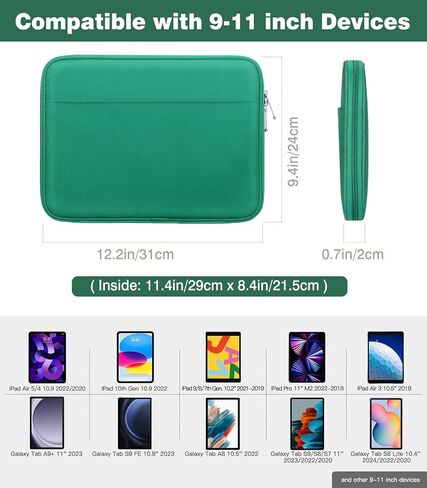 حافظة حمل للكمبيوتر اللوحي مقاس 9-11 بوصة لجهاز iPad 10.2 9/8/7th Gen، iPad Pro 11 M4 M2 2024-2018، iPad Air 11" 2024، iPad Air 5/4 10.9، iPad 10th Gen 10.9، Galaxy Tab A9+/S9 FE/A8، أخضر داكن in Kuwait