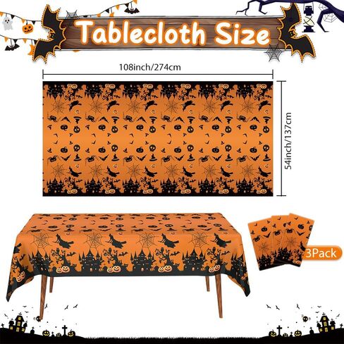 Halloween Tablecloth, 2 Pcs Plastic Tablecloth for Halloween, Rectangle Disposable Table Cover, Waterproof Tablecover for Halloween Party Decoration Outdoor Dinner Kitchen Home Decor 54 x 108 inches in Saudi Arabia
