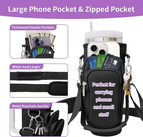 Water Bottle Carrier Bag with Phone Pocket for Stanley 40 oz Tumbler Neoprene Water Bottle Holder Pouch with Adjustable Strap with for Stanley Cup Accessories for Hiking Travelling Camping（Purple） in Saudi Arabia