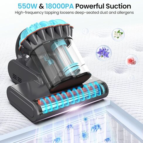 مكنسة كهربائية للمرتبة Belife M8، مكنسة كهربائية للسرير مضادة للحساسية مع الأشعة فوق البنفسجية والهواء الساخن والتدفئة العالية، 550 وات 18 كيلو باسكال، مكنسة كهربائية محمولة بكوب مزدوج للغبار المنزلي وشعر الحيوانات الأليفة، سلكية (أزرق) in Kuwait