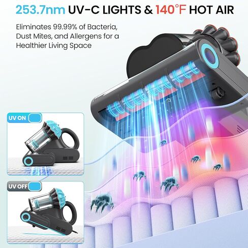 مكنسة كهربائية للمرتبة Belife M8، مكنسة كهربائية للسرير مضادة للحساسية مع الأشعة فوق البنفسجية والهواء الساخن والتدفئة العالية، 550 وات 18 كيلو باسكال، مكنسة كهربائية محمولة بكوب مزدوج للغبار المنزلي وشعر الحيوانات الأليفة، سلكية (أزرق) in Kuwait