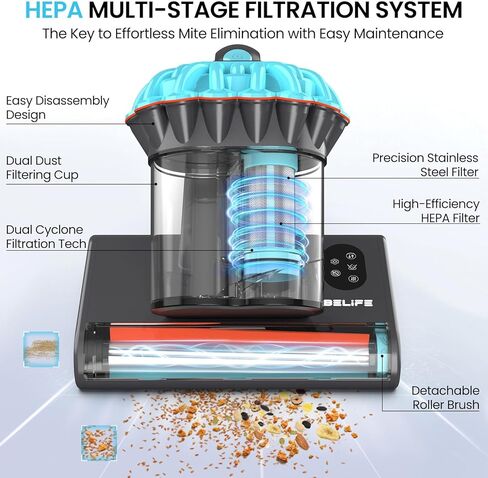 مكنسة كهربائية للمرتبة Belife M8، مكنسة كهربائية للسرير مضادة للحساسية مع الأشعة فوق البنفسجية والهواء الساخن والتدفئة العالية، 550 وات 18 كيلو باسكال، مكنسة كهربائية محمولة بكوب مزدوج للغبار المنزلي وشعر الحيوانات الأليفة، سلكية (أزرق) in Kuwait