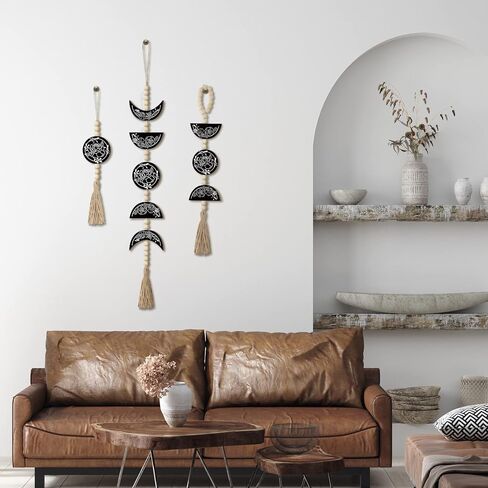 3 قطع من Qunclay ديكور جدار القمر مطرز على شكل مرحلة القمر للتعليق على الحائط منسوج من Boho Garland Wall Pediments Moon Garland مع شرابة لغرفة النوم والحمام ومكتب الحضانة in Saudi Arabia