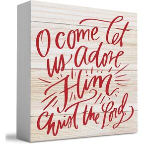 Rustic Christmas Decor - O Come Let Us Adore Him Wood Box- Christian Wall Decor -Farmhouse Christmas Wood Square Sign Desk Block Signs Home Shelf Office Decoration 5 x 5 Inches