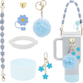 7Pcs Cup Accessories Set for Stanley Cup 40 oz 30 oz, 1Pcs Water Bottle Handle Strap, 1Pcs Siliocne Cup Boot, 1Pcs Flower Straw Cover, 3Pcs Charms for Stanley - White