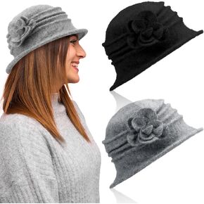 Geyoga 2 Pcs Winter Fleece Flower Cloche Hat for Women Cancer Headwear Chemo Caps 1920s Vintage Floral Wool Bucket Hat for Ladies Cancer Patients Black, Gray