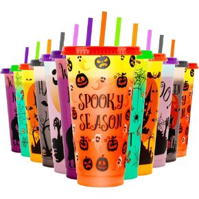 Halloween Decorations Color Changing Reusable Cups with Lids and Straws - 12 Pack 24 oz Plastic Tumblers Bulk with Lids and Straws - Reusable for Party Cups