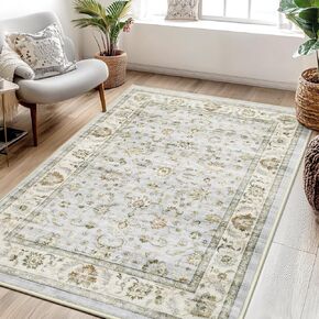 5x7 Washable Area Rug, Vintage Rug Traditional Floor Cover, Boho Rug for Living Room Bedroom Kitchen Accent Rug, Non-Slip Stain Low Pile Resistant Floor Carpet, Light Blue