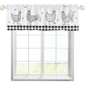 Farmhouse Chicken Kitchen Valances 54''x18''Rooster Green Leaf Plaids Short Curtains Seasonal Farm Animal Hen Chick Country Rustic Rod Pocket Window Topper Bedroom Living Room Laundry Bathroom 1 Pack