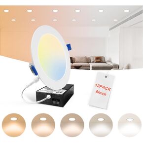 24 Pack 6 Inch LED Recessed Lighting with Junction Box, 5CCT Ultra-Thin Recessed Light, 1100LM High Brightness, Dimmable Canless Wafer Ceiling Light, 11W, FCC&ETL