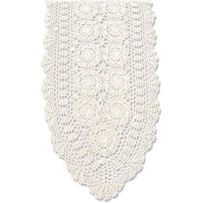 KEPSWET Cotton Handmade Crochet Lace Oval Table Runner Dresser Console Coffee Table TV Stand Decor Beige 14x72 inch
