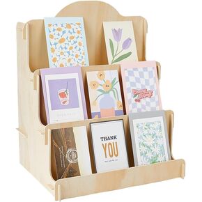 SUPERFINDINGS Tiered Wooden Greeting Card Display Stand Sticker Display Stand Magazines Organizer Art Prints Display Holder Vendors Postcard Organizer Multipurpose Brochure Holder, 37.2cm