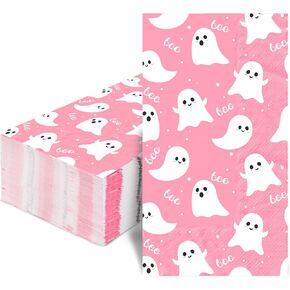 50Pcs Pink Ghost Boo Ghost Guest Napkins Halloween Cute Cartoon Disposable Dinner Hand Towel Paper Napkins for Happy Boo's Day Birthday Girls Baby Shower Party Table Supplies (50)