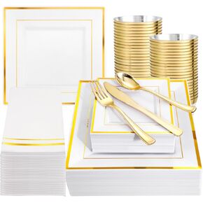 Festiva 176Pcs Thanksgiving Plastic Plates - Heavy Duty Thanksgiving Plates - Thanksgiving Disposable Dinnerware Set include 50 Plates,75 Silverware, 25 Cups, 25 Pumpkins Napkins, 1Tablecloth