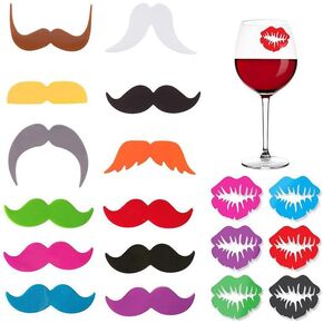 Furimuk 18 Pieces Valentine's Day Silicone Drink Markers Wine Glass Markers Beard Lip Shape Wine Charms Identifier for Christmas New Year Party Wine Glass Decor Supplies
