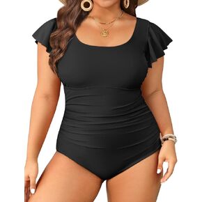 Plus Size One Piece Swimsuit - Women Tummy Control Bathing Suit Ruffle Vintage Swimwear with Sleeves