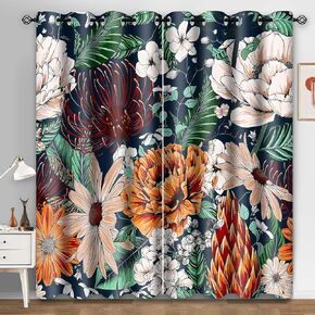 Boho Floral Blackout Curtains Colorful Flowers Bohemian Navy Blue Curtain Tropical Mid Century Botanical Drapes for Ladies Women Girls Bedroom Living Room Darkening Decor 42x84inch 2Plates