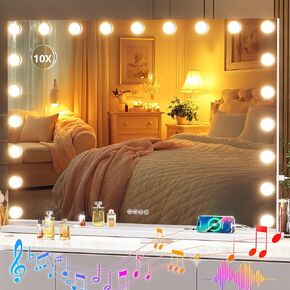 Hasipu Vanity Mirror with Lights and Bluetooth Speaker, 32" x 24" Hollywood Mirror, Makeup Mirror with 17 Dimmable Bulbs and 10X Magnification, 3 Colors Modes, USB Charging Port, Type-C (White)