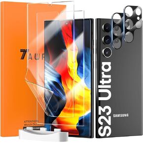 TAURI 2+2 Pack Screen Protector for Samsung Galaxy S22 Ultra 5G, 2 Pack Flexible TPU Film + 2 Pack Camera Lens Protector, [Easy Install] HD-Clear [100% Fingerprint Unlock] Bubble Free