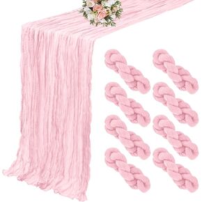 8 Pack Cheesecloth Table Runner 35 x 120 inch Long Boho Cheese Cloth Gauze Table Runners Semi Sheer 10FT Table Runner for Wedding Decor, Bridal Shower, Birthday Party, Table Decor (Light Pink)
