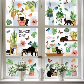 PLIGREAT 6 Sheets Green Plant Window Clings Black Cat Static Window Decals Potted Plant Window Stickers Removable DIY Window Stickers for Bedroom Home Kitchen Decor Sliding Glass Door Decoration