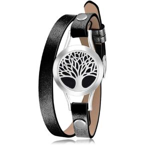 Wild Essentials Tree of Life Essential Oil Bracelet Diffuser, Leather Wrap Band, Stainless Steel Locket Pendant, 12 Color Refill Pads, Customizable Color Changing Perfume Jewelry, Aromatherapy, Black