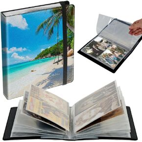 Small Photo Album 4x6 inch 120 Pictures PU Leather Photo Albums with Transparent Inner Pockets and Elastic Band for Wedding Boys Girl Travel Family Pictures - Beach Coconut Tree