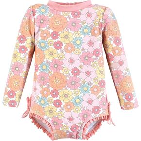 Hudson Baby Baby Girl's Rashguard Toddler Swimsuit, Peace Love Flowers, 18-24 Months