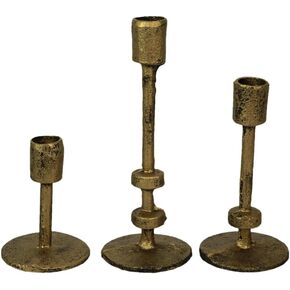 Set of 3 Stylish Aged Bronze Finish Cast Iron Mid-Century Modern Style Metal Taper Candle Holders for Elegant MCM, Gothic, or Industrial Home Decor Atmosphere