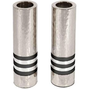 Hammered Nickel Cylinder Candlesticks - Black Rings - Shabbat and Yom Tov (CSO-5)
