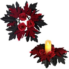 Halloween Candle Rings Wreaths Black Red Artificial Maple Leaf Rose Candle Holder Wreaths Garland for Halloween Party Home Table Centerpieces Decorations
